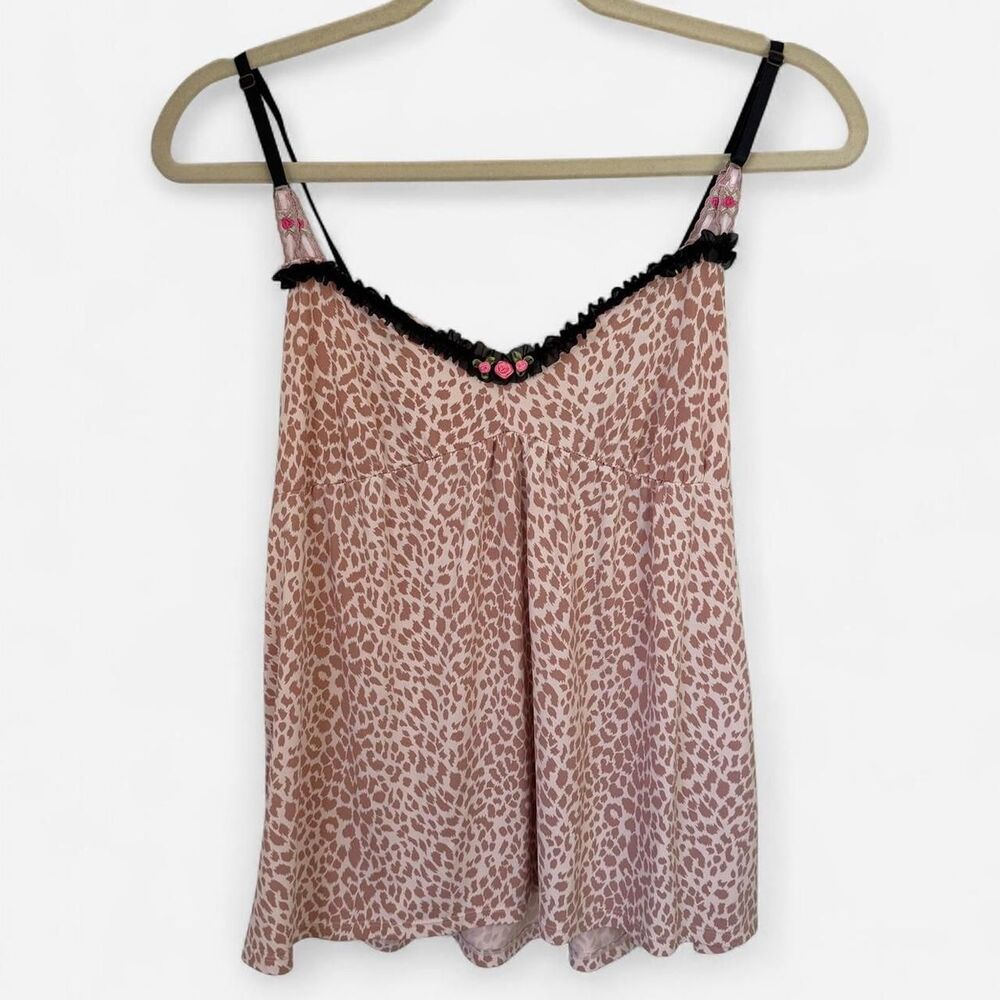 Betsey Johnson Y2K Pink Leopard Print Cami Top with Black Lace Trim Pink Roses